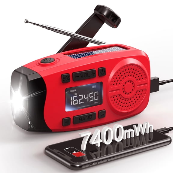 Emergency Weather Radio 7400mwh Hand Crank With Lcd Display Support Alert Usb/solar/hand 1w Flashlight & Sos Alarm For Outdoor Home