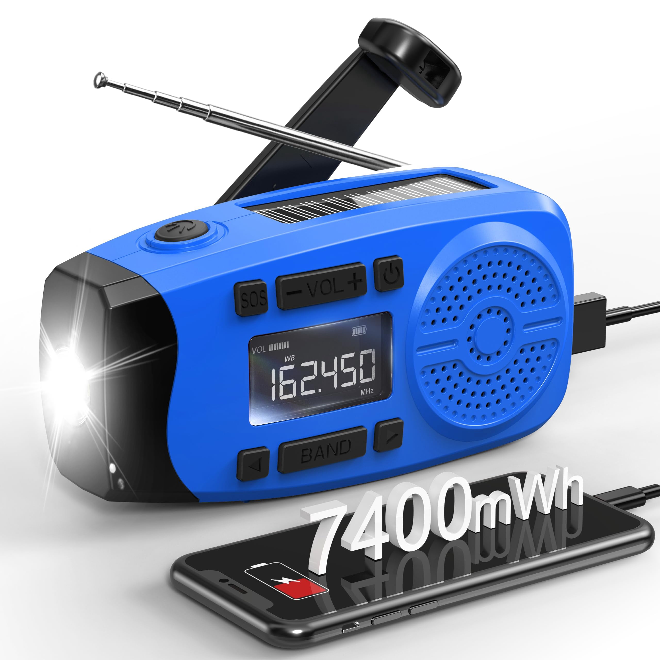 Emergency Weather Radio  7400mwh Hand Crank With Lcd Display Support Alert Usb/solar/hand 1w Flashlight&sos Alarm For Outdoor&home (blue)