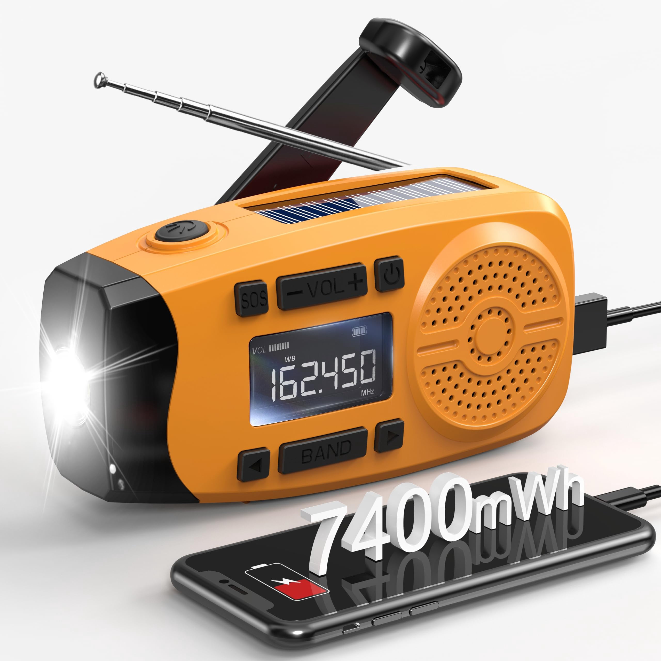 Emergency Weather Radio  7400mwh Hand Crank With Lcd Display Support Alert Usb/solar/hand 1w Flashlight&sos Alarm For Outdoor&home (orange)