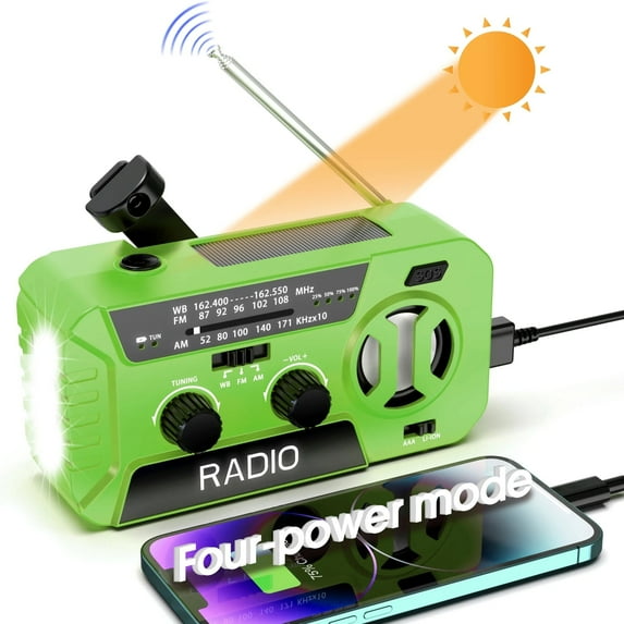 Emergency Weather Radio - AM/FM/NOAA Hand Crank Radio , 2000mAh Portable Solar Power Bank, Multi-Function Flashlight & SOS Alarm for Outdoor Indoor Emergencies (Green)