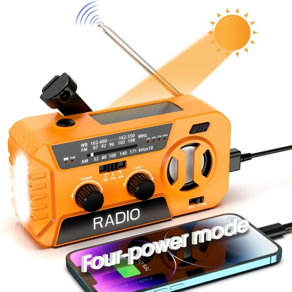 Emergency Weather Radio - AM/FM/NOAA Hand Crank Radio , 2000mAh Portable Solar Power Bank, Multi-Function Flashlight & SOS Alarm for Outdoor Indoor Emergencies (Orange)