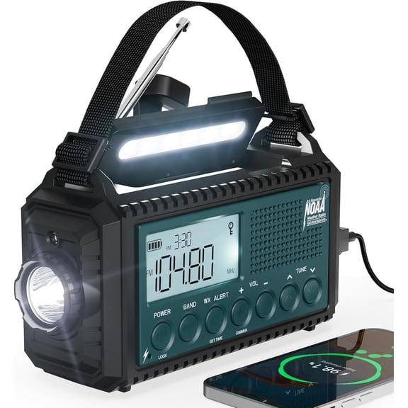 Emergency Weather Radio with AM/FM/NOAA/SW, 5 Ways Powered Solar Hand Crank Alert Radio with LCD Display&SOS, 5000 Portable Radio with Cellphone Charger, Flashlight, Reading Lamp, Headphone Jack