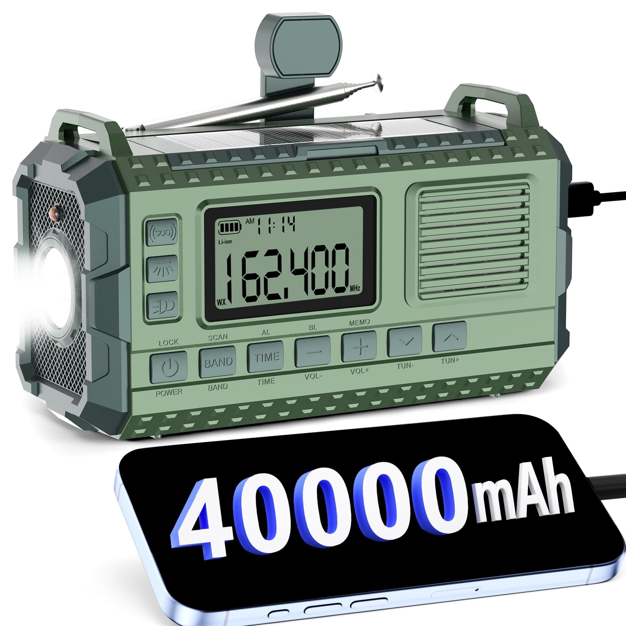 Emergency Weather Radio - Am/fm/noaa Hand Crank With 15w Fast Charge  40000mah Portable Solar Power Multi-function Flashlight & Sos Alarm For Outdoor Indoor Emergencies (green)
