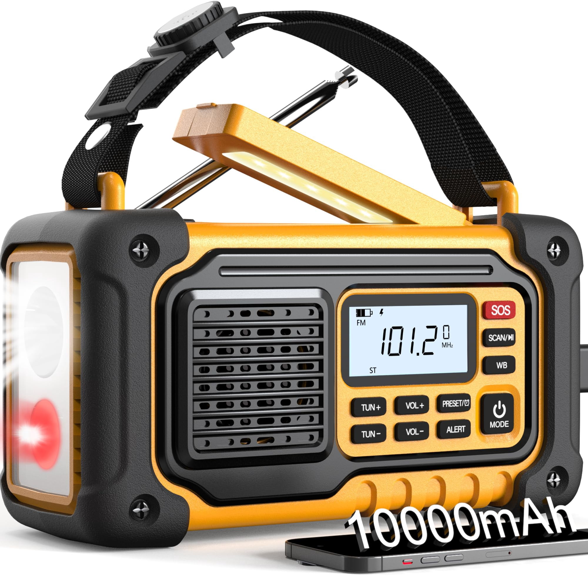 Emergency Weather Radio  Am/fm/sw/noaa Hand Crank With 37000mwh/10000mah Portable Large Capacity Usb/solar/hand Charging Aaa Operated Sos Alarm & Flashlight (yellow)