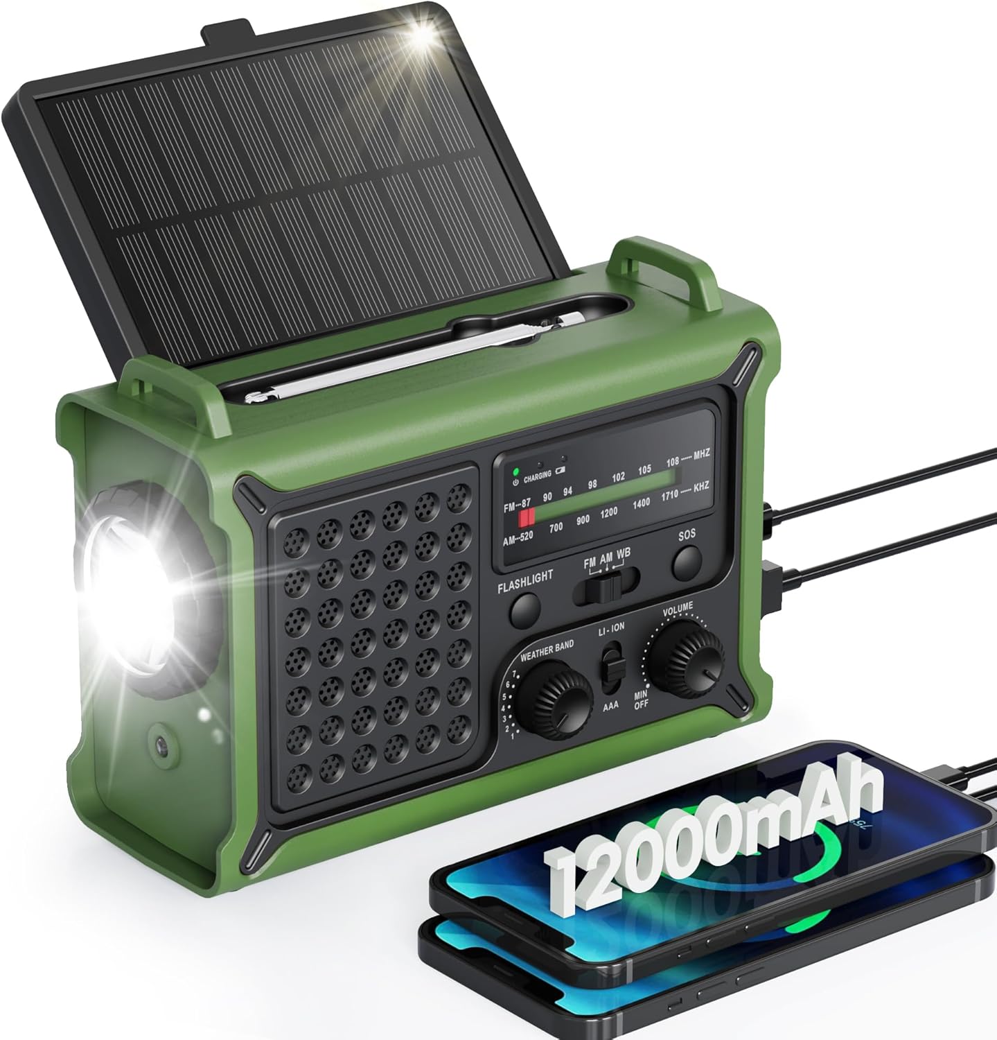 Emergency Weather Radio with Large Solar Panel, Efficient Hand Crank & Real 12000mAh Battery | AM/FM/NOAA Bands, LED Flashlight, Reading Lamp, SOS Alarm Phone Charger for Camping Emergencies
