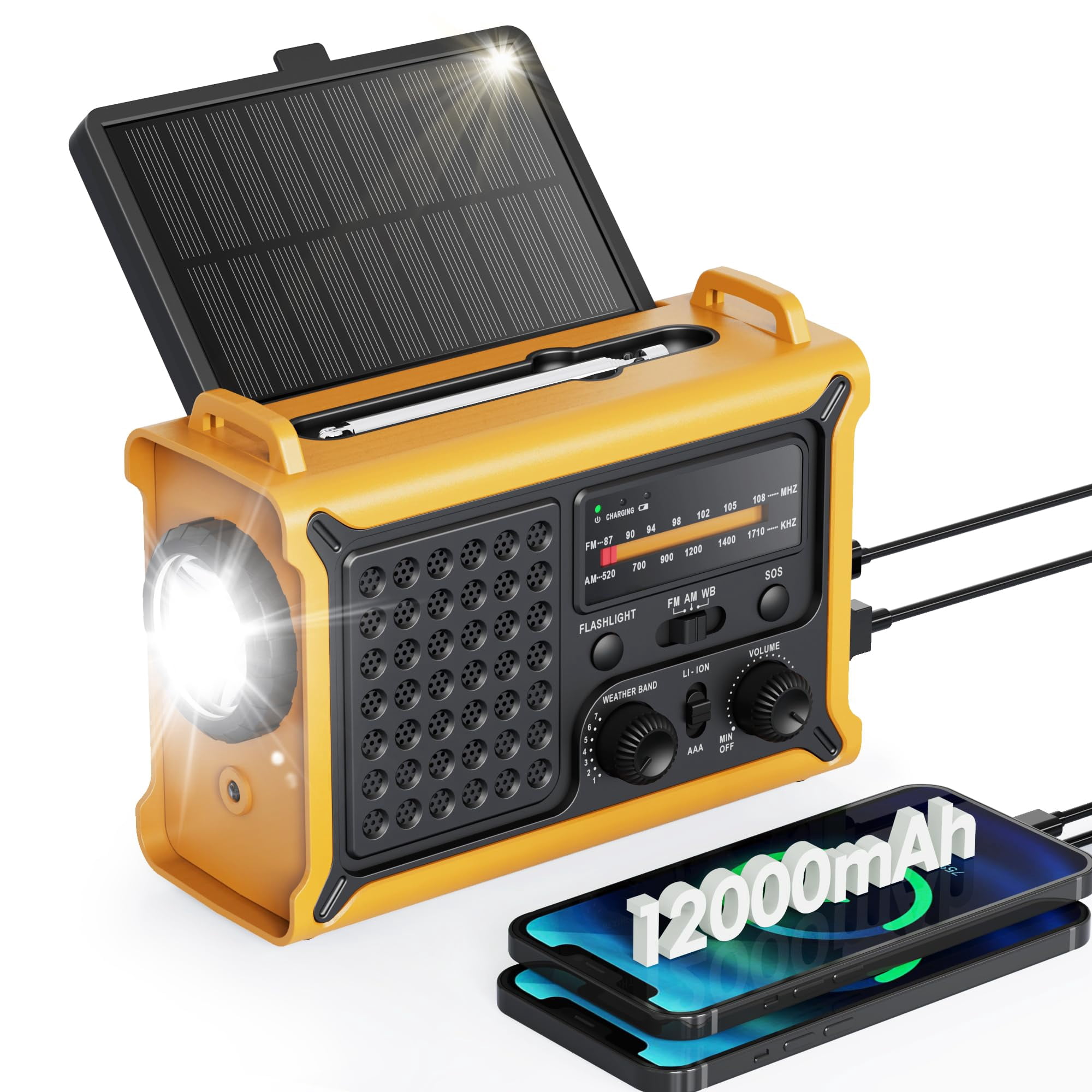 Emergency Weather Radio With Large Solar Panel  Efficient Hand Crank & Real 12000mah | Am/fm/noaa Bands Led Flashlight Reading Lamp Sos Alarm Phone For Camping Blackout