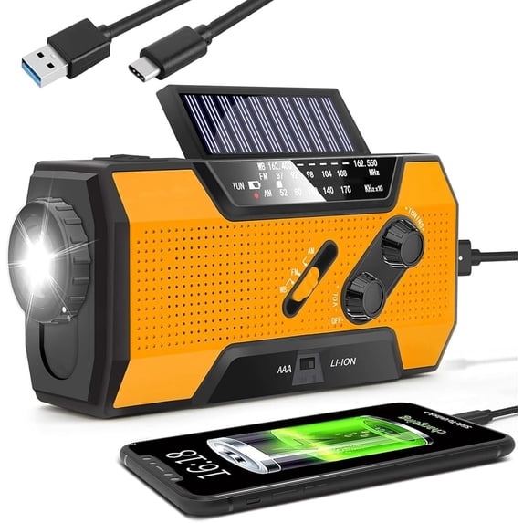 Emergency Weather Radio NOAA/AM/FM with 7400mWh Portable Power Bank, USB/Solar/Hand Crank Charging, Battery Operated, SOS Alarm & Flashlight for Indoor/Outdoor Emergencies,Orange