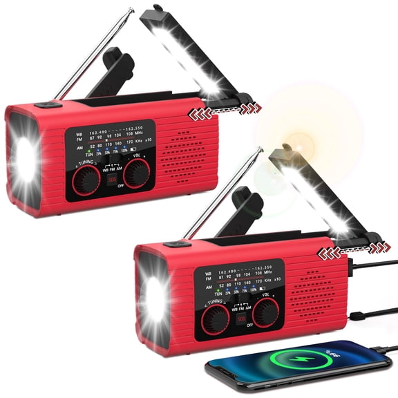 Emergency Weather Radio Noaa Am Fm Wb With 4000mah Rechargeable Usb Solar Hand Crank Charging Flashlight Sos Alarm Reading Lamp Portable For Outdoor Indoor Emergencies 2 Pack