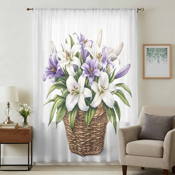 Emerging Blossoms Floral Sheer Curtains 54 Inches Long, Summer Botanical Spring Light Filering Curtains, Breathable Simi Curtain Privacy Drapes for Kitchen Bathroom Lightweight Small Window Treatment