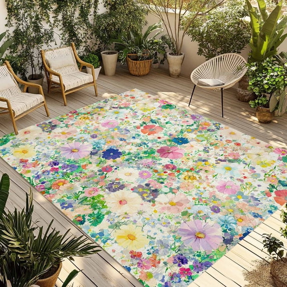 Emerging Blossoms Pattern Outdoor Rug 5x7 Ft - Reversible Patio Rug Outdoor Camping Rugs, Colorful Watercolor Floral Washable Indoor Outdoor Area Rugs, Non-Slip Outdoor Carpet Runner for Deck/Porch