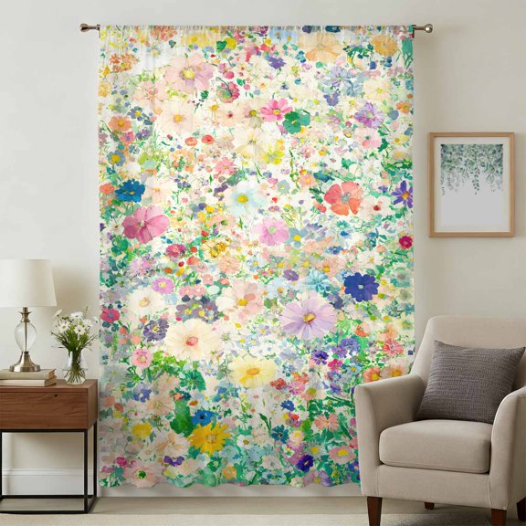 Emerging Blossoms Pattern Sheer Curtains 54 Inches Long, Colorful Watercolor Floral Light Filering Curtains, Breathable Simi Curtain Privacy Drapes for Kitchen Bathroom Small Window Treatment