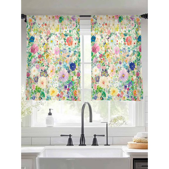 Emerging Blossoms Pattern Sheer Curtains for Living Room Bedroom Colorful Watercolor Floral Sheer Curtains 54 Inch Long 2 Panels Set Light Filtering Curtain Window Treatments Drapes for Dining Room