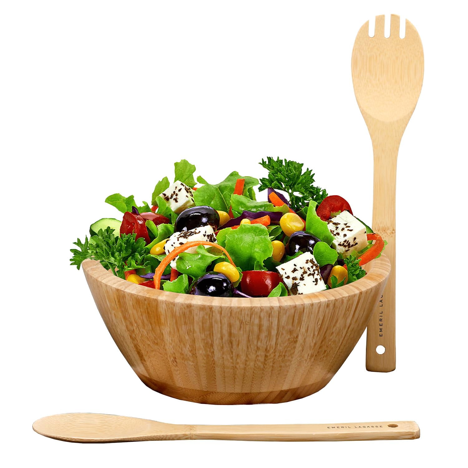 Emeril Lagasse 3-Piece Wooden Salad Bowl Set with Utensils, 10-Inch Wooden Salad Bowl, Durable Salad Serving Bowl