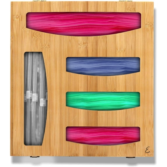 Emeril Lagasse Bamboo Bag Storage Organizer – 5-Compartment Food Storage Bag Holder for Kitchen Drawers & Countertops – Durable Bamboo, Universal Fit for Slider & Zipper Bags