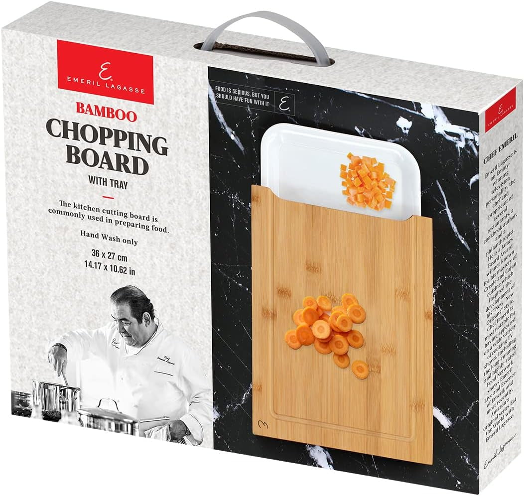 Emeril Lagasse Bamboo Cutting Board with Tray – Multifunction Wood Cutting Board with Pull-Out Container, Juice Groove, Anti-Skid Design, Kitchen Gift Idea