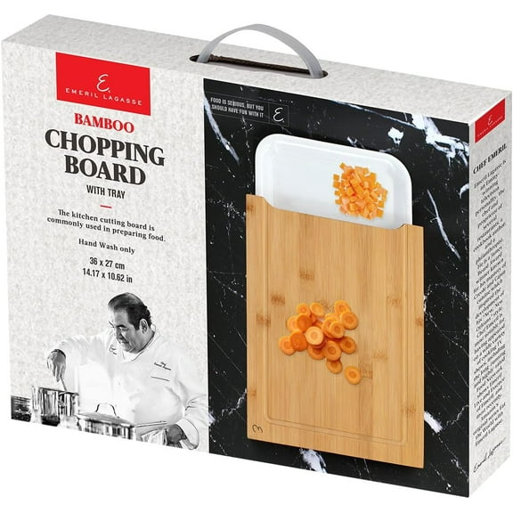 Emeril Lagasse Bamboo Cutting Board with Tray – Multifunction Wood Cutting Board with Pull-Out Container, Juice Groove, Anti-Skid Design, Kitchen Gift Idea
