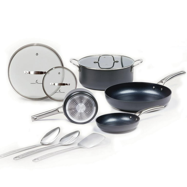 Emeril Lagasse Forever Pans, 10 Piece Cookware Set with Lids and Utensils,  Hard Anodized Nonstick Pans, Black, Dishwasher Safe, Oven Safe
