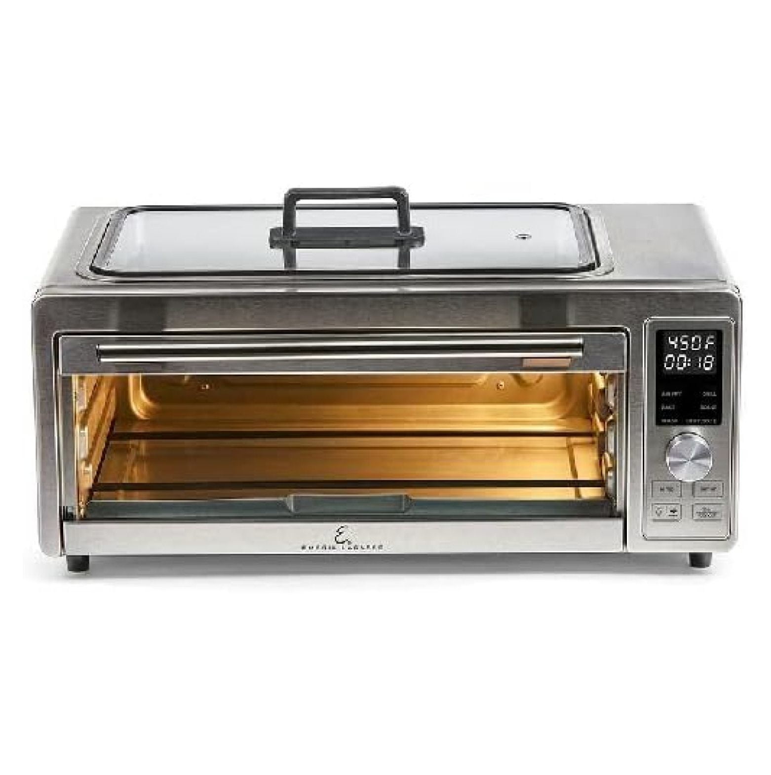 Emeril Power Grill 360, 6-in-1 Countertop Convection Toaster Oven with Top Indoor Grill, Air Fry, Roast, Toast, Bake, Dehydrate, Glass Lid, Stainless Steel