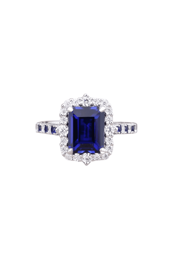 Emerlad Cut Blue Sapphire & Diamond Halo Wedding Ring in 925 Sterling Silver - September Birthstone - Anniversary Ring
