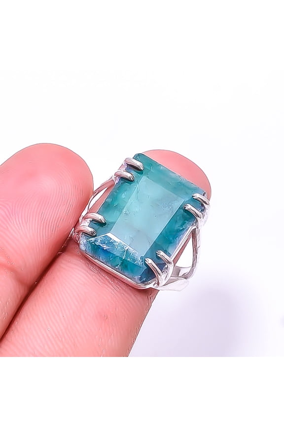 Emerlad -Dyed Quartz Solitaire Gemstone Handmade 925 Sterling Silver Ring s.8.5, Green Emerald Ring R_8024_295_156, New Year Sale, Valentin's Day Gift