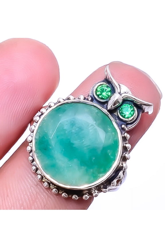 Emerlad Quartz - Dyed Quartz & Emerald (Simulated) 925 Sterling Silver Owl Ring 8 R14, Beautiful Jewelry For Woman &, New Year Sale, Valentin's Day Gi