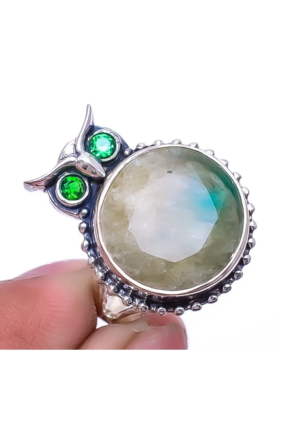 Emerlad Quartz - Dyed Quartz & Emerald (Simulated) 925 Sterling Silver Owl Ring 8 R41, Gemstone Jewelry, Birthday Gift, Beautiful Jewelry For Woman &