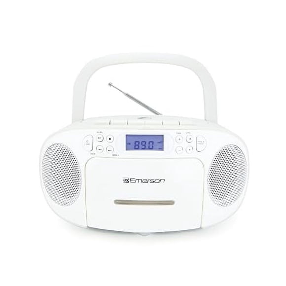Emerson Portable CD Player Boombox with Cassette Player Combo, Tape Recorder, AM/FM Radio, AUX, Headphone Jack, Dual Speakers, AC/DC & Battery Operated - Stereo System for Home, Indoor & Outdoor Use