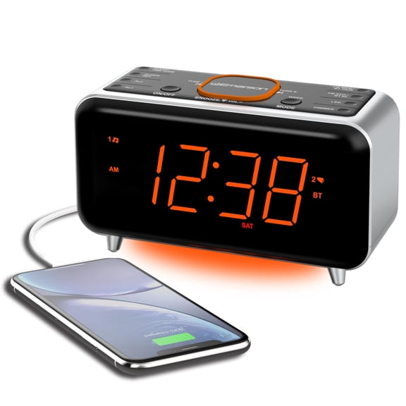 Emerson CKS1521 SmartSet Bluetooth Dual Alarm Clock Radio with 1.4 Orange LED Display, USB Charger, FM Radio, AUX Input, Auto-Dimmer, and Orange Accent Light