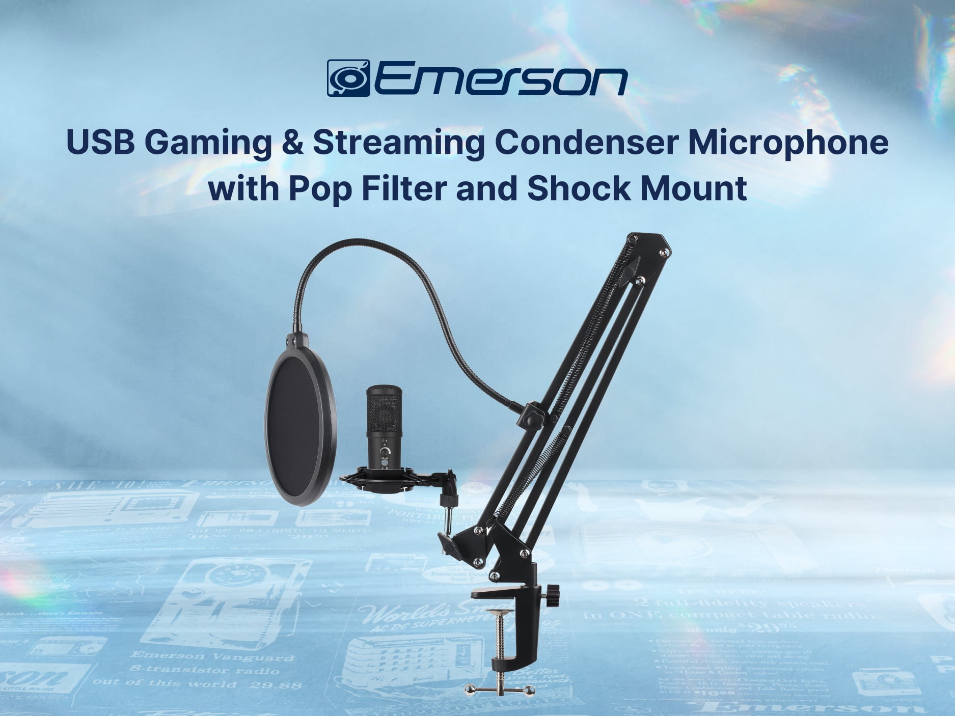 Emerson EAM-9051 USB Gaming & Streaming Condenser Microphone with Pop Filter and Shock Mount, Black