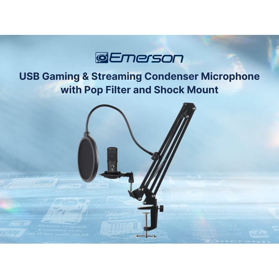 Emerson EAM-9051 USB Gaming & Streaming Condenser Microphone with Pop Filter and Shock Mount, Black