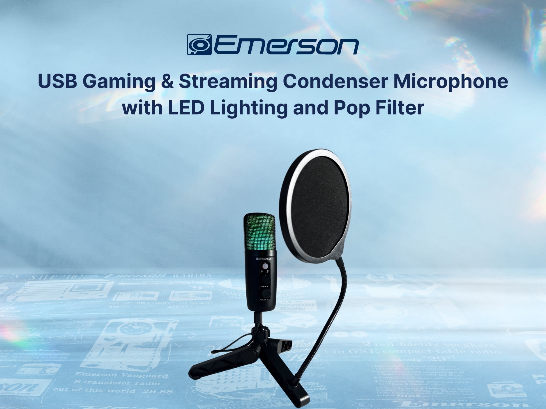 Emerson EAM-9052 USB Gaming & Streaming Condenser Microphone with LED Lighting and Pop Filter, Black