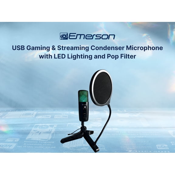 Emerson EAM-9052 USB Gaming & Streaming Condenser Microphone with LED Lighting and Pop Filter, Black