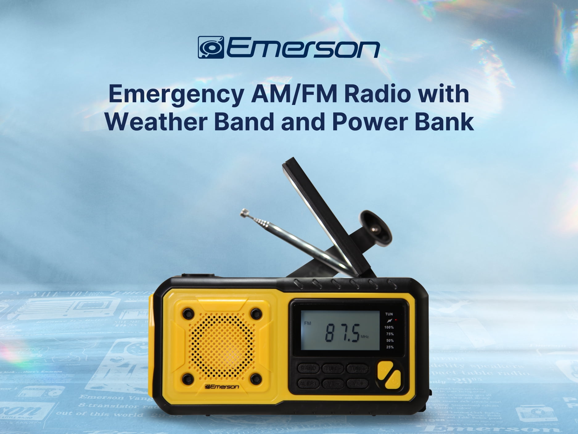 Emerson ER-7051 Emergency AM/FM Radio with Weather Band, Power Bank, and LED Emergency Light, Yellow