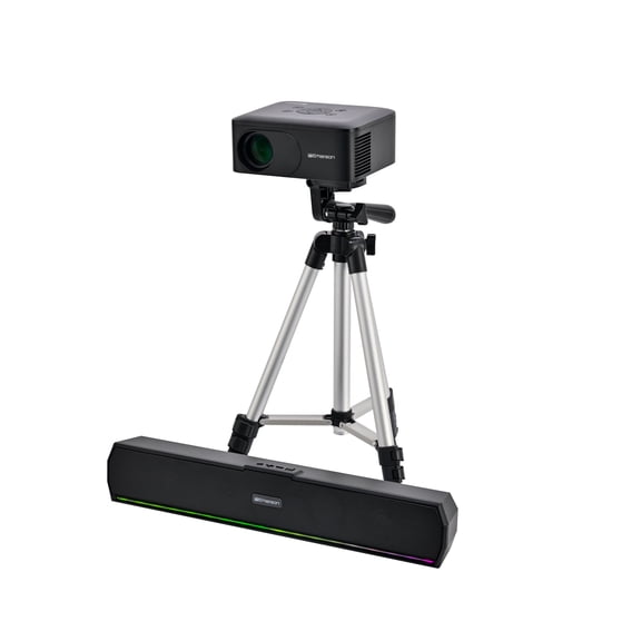 Emerson EVP-2005C Portable 120" Home Theater Projector, 720P HD Bluetooth Projector with Soundbar Kit, Bluetooth 5.3, HDMI/USB/AV Inputs, Travel Bag & Tripod, Complete Entertainment Kit