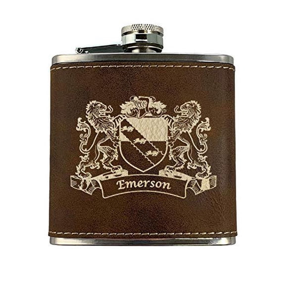 Emerson Irish Coat of Arms Leather Flask - Rustic Brown