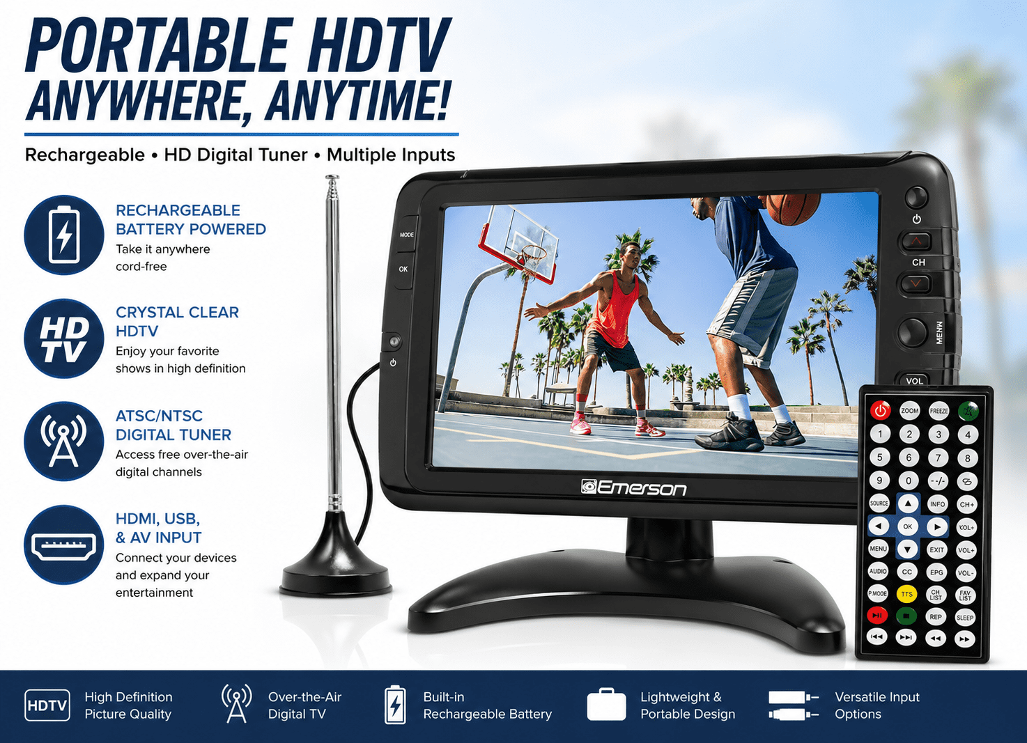Emerson ET-7000 Portable 7” TV & Digital Multimedia Player with Built in Rechargeable Lithium Battery & DC Car Cord