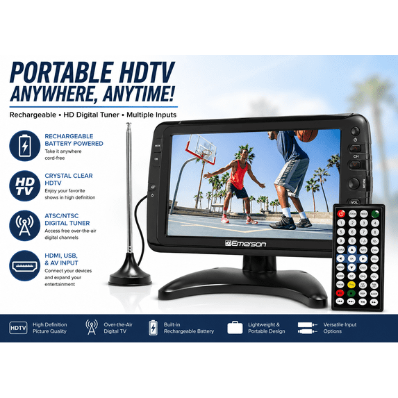 Emerson ET-7000 Portable 7” TV & Digital Multimedia Player with Built in Rechargeable Lithium Battery & DC Car Cord