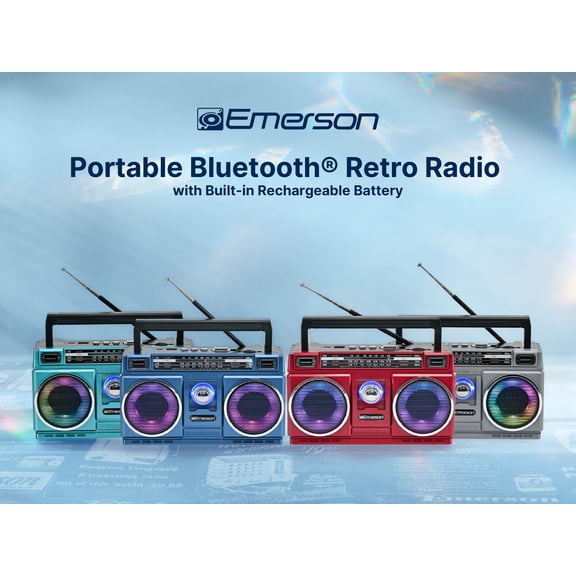 Emerson Portable Bluetooth Radio Boombox with 4-Band AM/FM/TV/SW Shortwave Radio, Rechargeable Battery, USB & TF Card MP3 Playback, and LED Color Lights