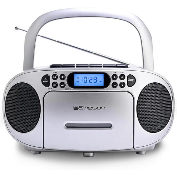 Emerson Portable CD & Cassette Player Recorder Boombox, AM/FM Radio, AUX, Headphone Jack, Dual Speakers, AC/DC or Battery Powered