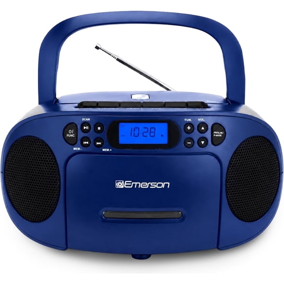 Emerson Portable CD & Cassette Player Recorder Boombox, AM/FM Radio, AUX, Headphone Jack, Dual Speakers, AC/DC or Battery Powered