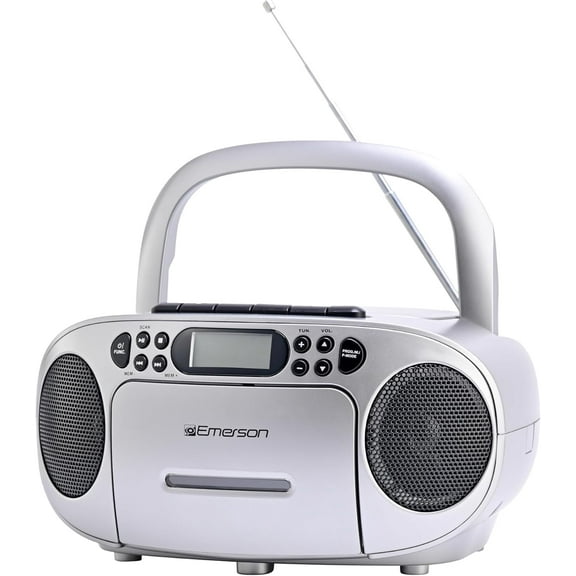 Emerson Portable CD Player Boombox with Cassette Player, AM/FM Radio, Tape Recorder, AUX, Headphone Jack, Dual Speakers, AC/DC & Battery Operated - Stereo System for Home, Indoor & Outdoor Use - Gray