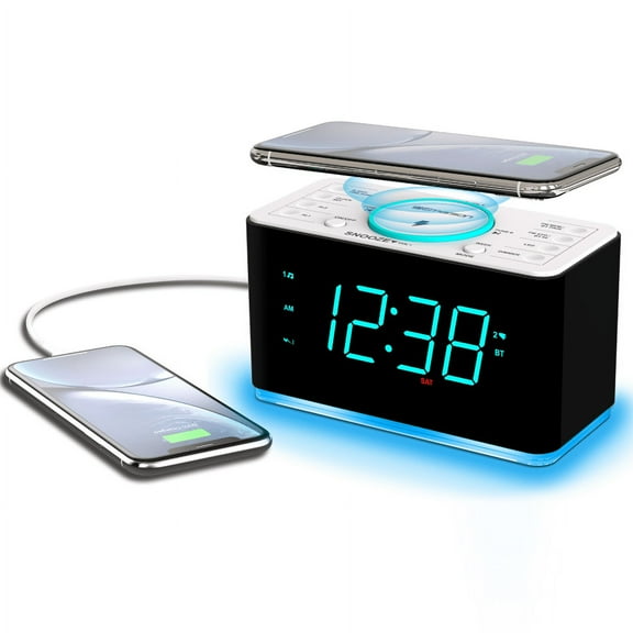 Emerson SmartSet 15W Wireless Ultra Fast Charging, Dual Alarm Clock Radio, Bluetooth Speaker, USB, Night LED, 1.4 Cyan LED Display, ER100401