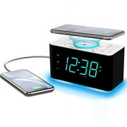 Emerson SmartSet 15W Wireless Ultra Fast Charging, Dual Alarm Clock Radio, Bluetooth Speaker, USB, Night LED, 1.4  Cyan LED Display, ER100401