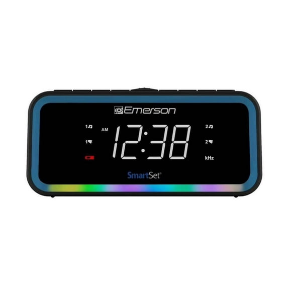 Emerson SmartSet AM/FM, Dual Alarm Clock Radio, 0.9" White LED, USB-C Charging and Multi-Color LED Decor, CKS1401