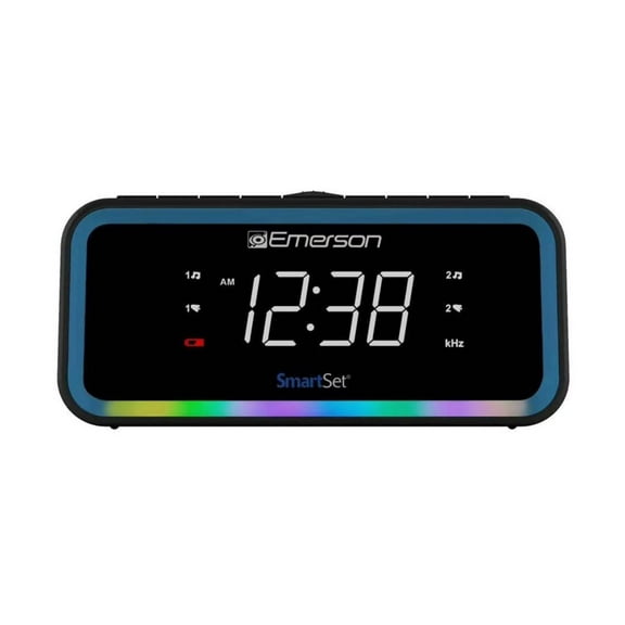 Emerson SmartSet AM/FM, Dual Alarm Clock Radio, 0.9" White LED, USB-C Charging and Multi-Color LED Decor, CKS1401
