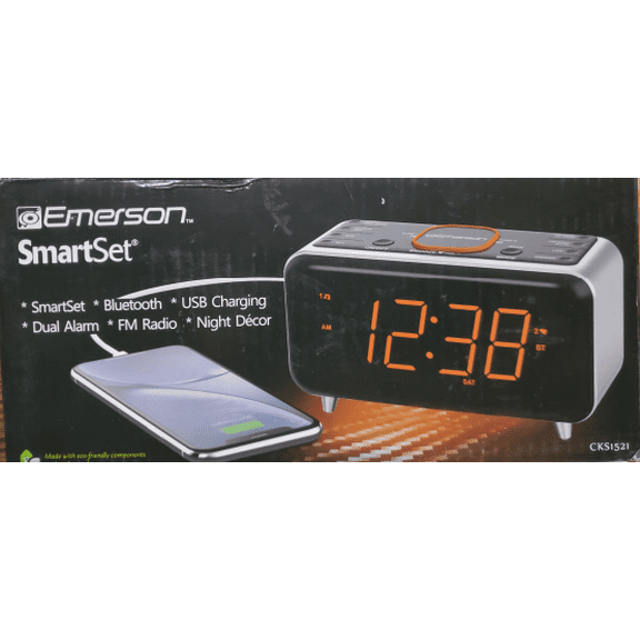 Pre-Owned Emerson SmartSet Dual Alarm Clock Radio with Bluetooth Speaker and 1.4" Orange LED Display, CKS1521