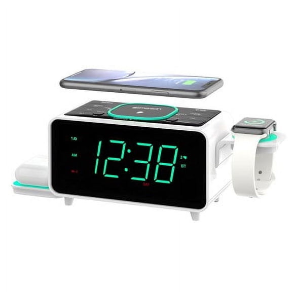Emerson SmartSet Multiple Wireless Charging, Dual Alarm Clock Radio, Bluetooth Speaker, USB Charger, Cyan Night LED and 1.4 Display, ER100501