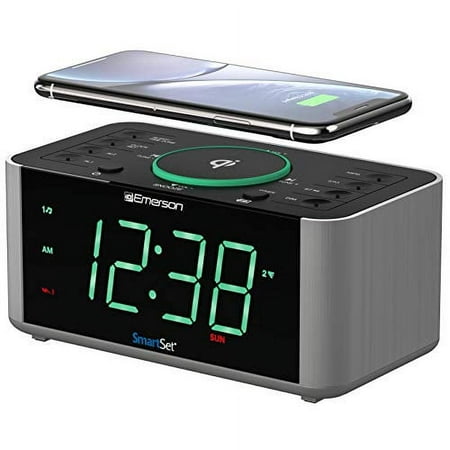 Emerson SmartSet Wireless Charging Dual Alarm Clock Radio, Bluetooth Speaker, USB, 1.4" Aqua LED Display, ER100202