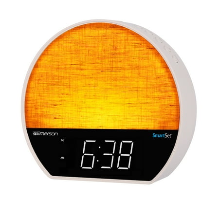Emerson Sunrise SmartSet Alarm Clock Radio - 1.2" LED Display, White Noise, 6 Soothing Sounds, 8-Color Dimmable LED, Bluetooth Speaker, White - CKSS7071