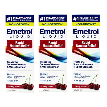 Emetrol Nausea and Upset Stomach Relief Liquid Medication, Cherry Flavor, 4 FL OZ, - 3 Pack